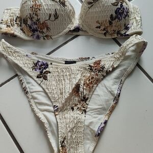 triangl swimwear Cream Floral Smocked Bikini Set